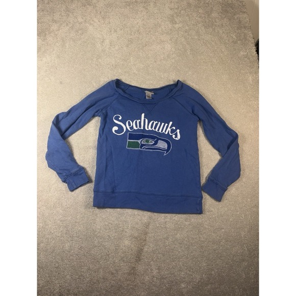 Junk Food Clothing Tops - SEATTLE SEAHAWKS Blue Wide-Neck RETRO NFL FOOTBALL SWEATSHIRT Team Fan Women's S